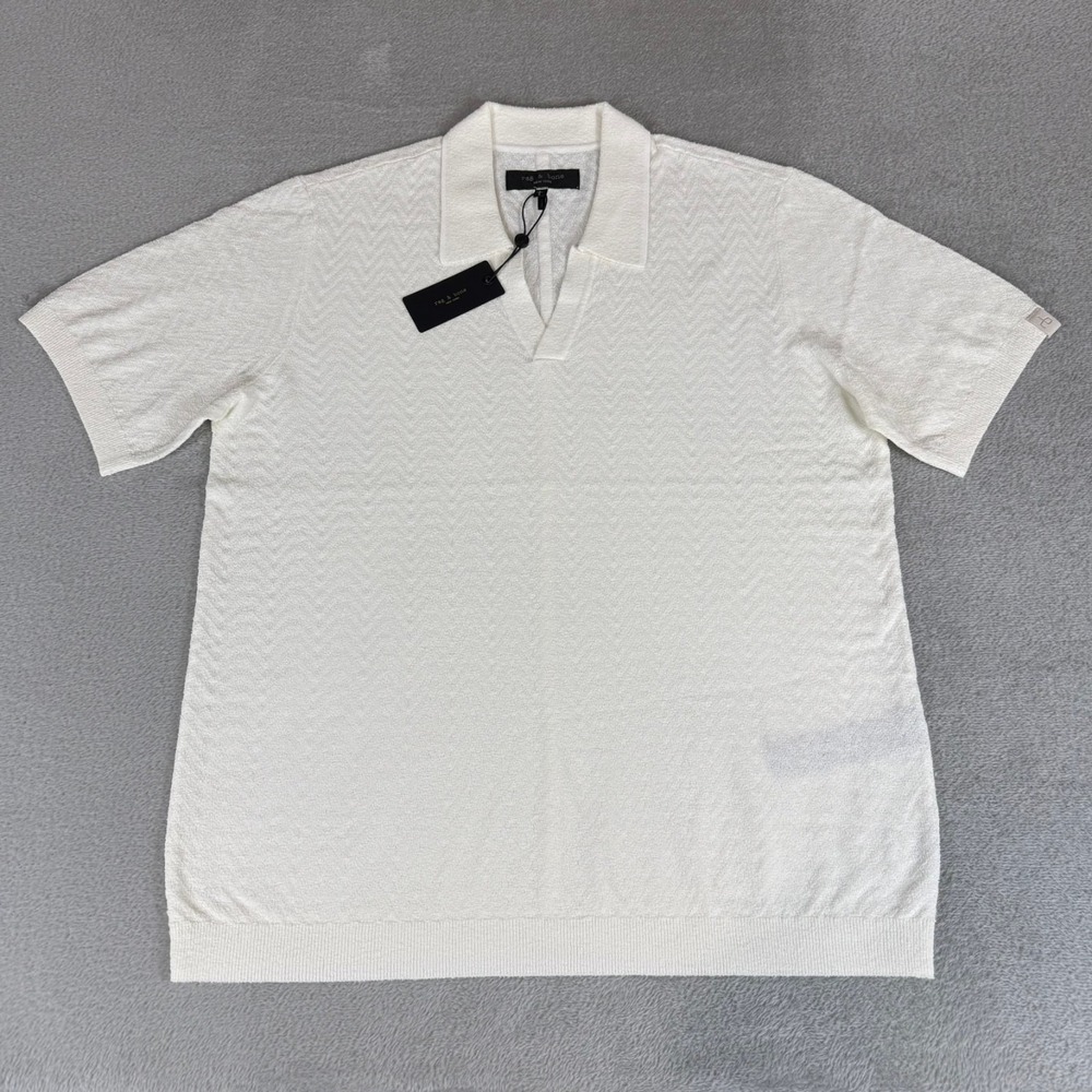 Rag & Bone Zuma Toweling Herringbone Johnny Polo Mens Large Chalk White $258 NWT